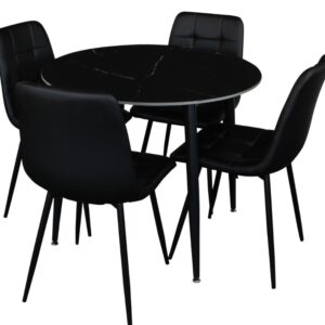 ZENITH Dining Set -Black Marble Stone Top PU Leather Chairs - Round