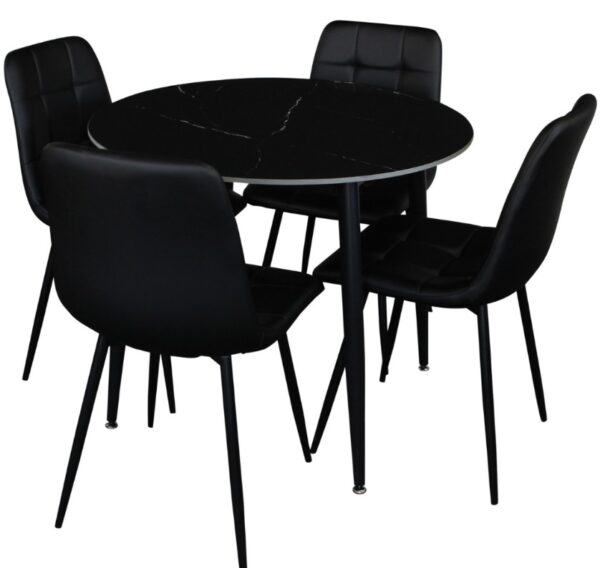ZENITH Dining Set -Black Marble Stone Top PU Leather Chairs - Round