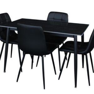 ZENITH Dining Set - Black Marble Stone Top PU Leather Chairs - Rectangle