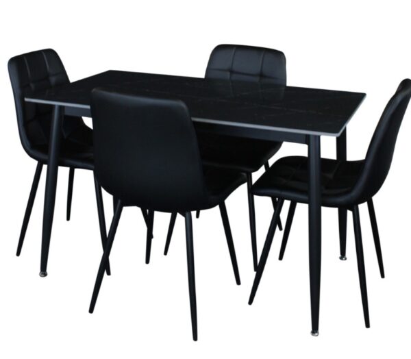 ZENITH Dining Set - Black Marble Stone Top PU Leather Chairs - Rectangle