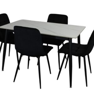 ZENITH Dining Set  - White Marble Stone Top PU Leather Chairs - Rectangle