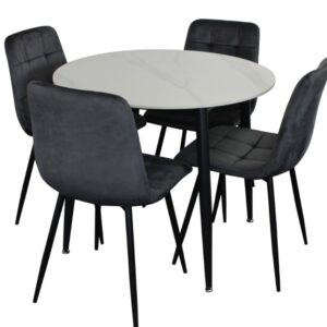 ZENITH Dining Set - White Marble Stone Top Velvet Fabric Chairs - Round
