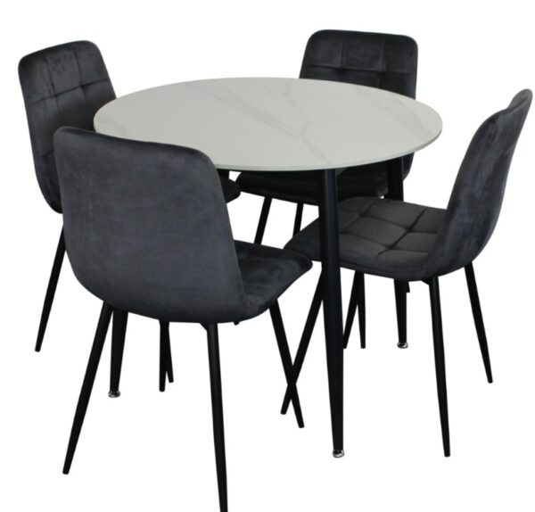 ZENITH Dining Set - White Marble Stone Top Velvet Fabric Chairs - Round